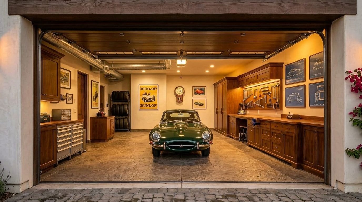 Hughes Garage Door Repairs Interior View of Custom Garage Door Overhead and Workshop